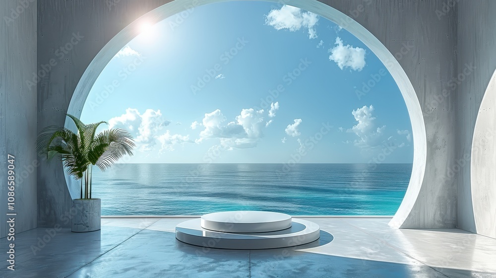 Poster Minimalist Seascape Display with Circular Window and Platform