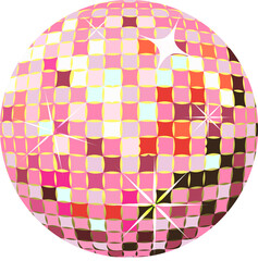 Shiny neon club disco ball illustration. Glowing disco ball, equipment for party and nightclub music events. Isolated glittering mirror sphere. Vector clip art cartoon.