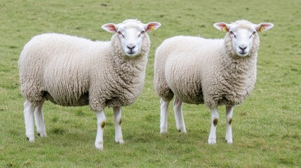 Obraz premium Two Adorable Sheep Grazing in a Lush Green Field Surrounded by Rolling Hills Under Soft Natural Light, Ideal for Farm and Nature-Themed Projects