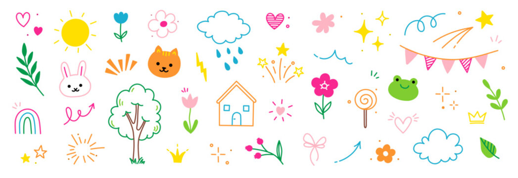 Naklejki Cute kid icon element line flower, cloud, heart background. Hand drawn doodle cute cartoon scribble sticker element set. Flower, heart, cloud children elements background. Vector illustration