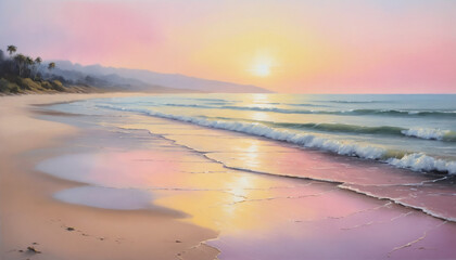 Fototapeta premium Serene Beach Sunset with Waves and Pastel Sky