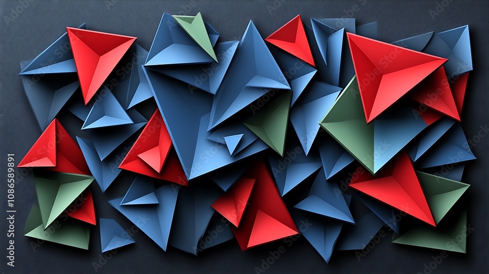 Poster dynamic composition of overlapping geometric shapes in vibrant colors ideal for modern design projec