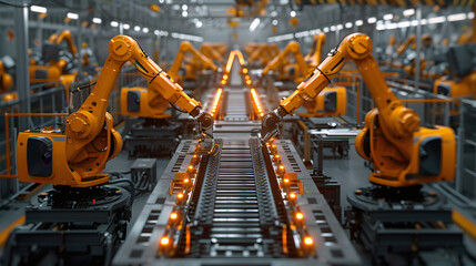 Advanced robotic arms in an assembly line working together in an industrial facility