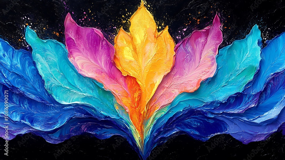 Poster vibrant dynamic explosion of colors in abstract art featuring fluid shapes resembling flames and blo