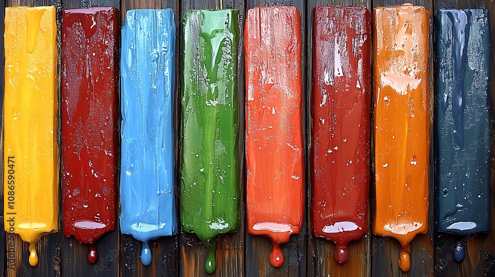 Poster vibrant dynamic art piece featuring linear patterns and colorful paint streaks on a wooden backgroun