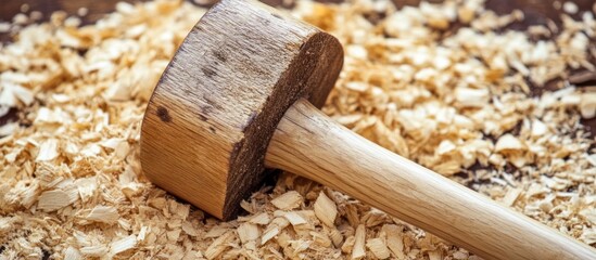 Rugged wood mallet with signs of wear, resting on a pile of wood shavings 