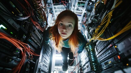 A young woman explores a data center filled with servers and cables during a tech tour in the afternoon