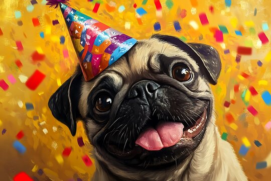 Happy pug dog wearing birthday hat celebrating with falling confetti