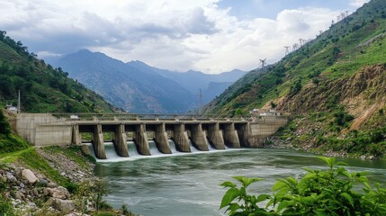 Hydroelectric dam generating green power, surrounded by mountainous scenery