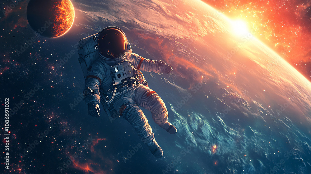 Poster a lone astronaut floating in space, reaching towards a glowing planet in the distance, symbolizing e