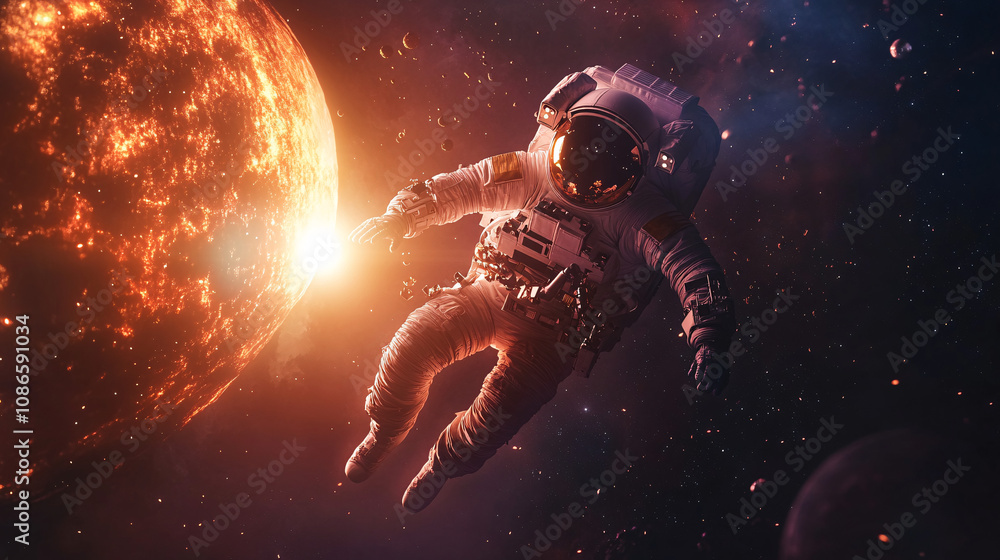 Poster a lone astronaut floating in space, reaching towards a glowing planet in the distance, symbolizing e