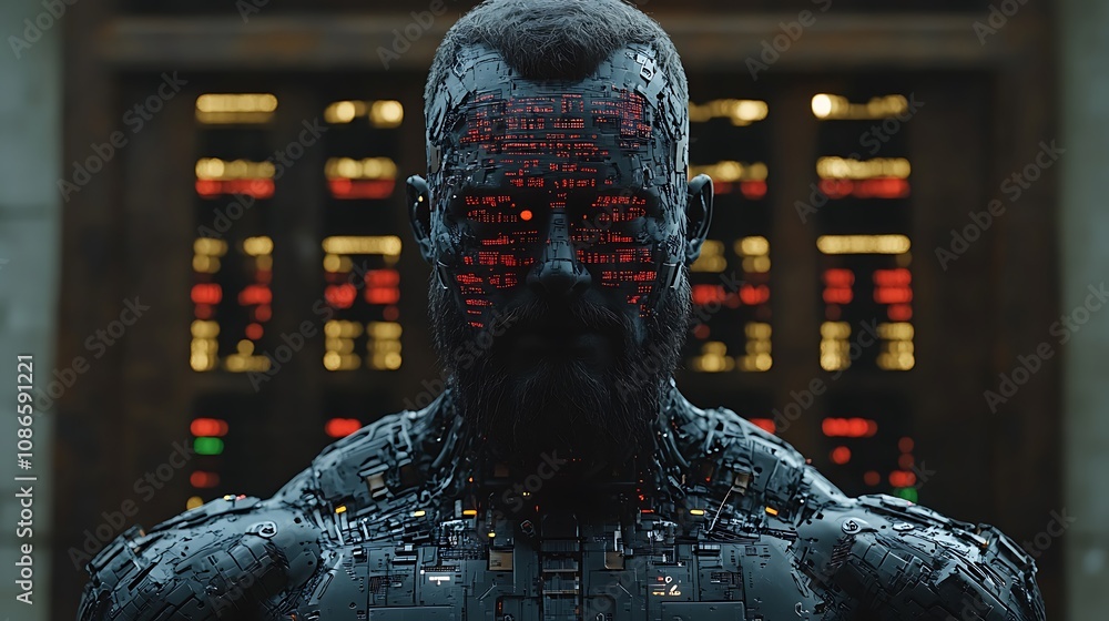 Poster futuristic human silhouette displaying cybernetic features and embedded technology for sci-fi concep