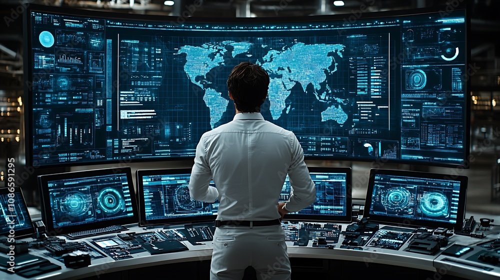 Poster futuristic human silhouette analyzing data in high-tech control room with multiple screens and digit