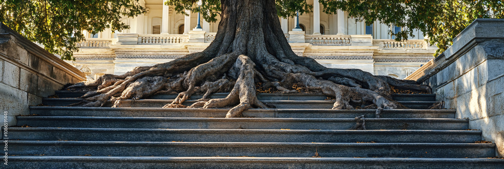 Poster a massive tree with roots breaking through the steps of the capitol, symbolizing the deep-rooted con