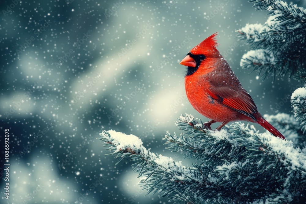 Poster snowy forest with evergreen trees dusted with snow and a red cardinal perched on a branch