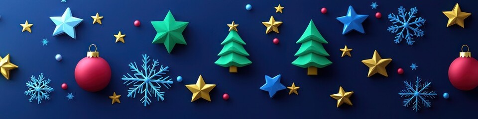 Horizontal minimalist icons of 3D Christmas stars, trees, and snowflakes on Midnight Blue background using Bright Green, Bright Gold, and Crimson Red with Deep Blue shadows  and Frost Blue emboss 
