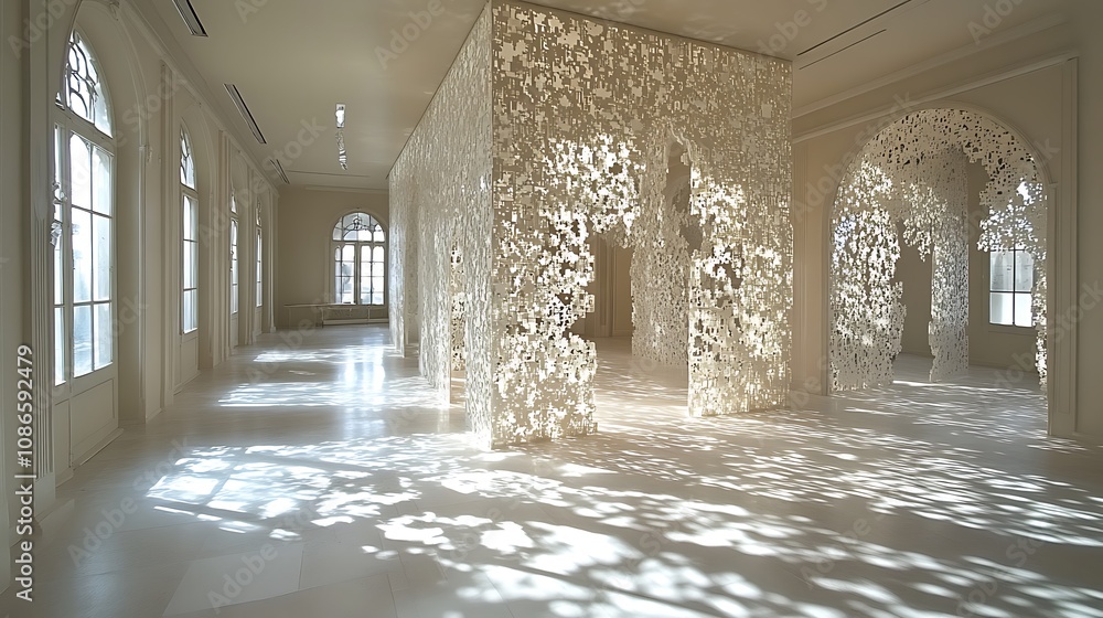 Poster Captivating Interaction of Light and Shadow in an Artistic Space with Intricate Lace-like Structures Enhancing the Ambiance and Enhancing Visual Depth