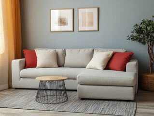 Modern living room with a gray sofa and decorative cushions in a cozy urban apartment