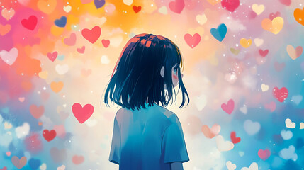 A girl surrounded by colorful hearts celebrating Valentine's Day with joy and affection