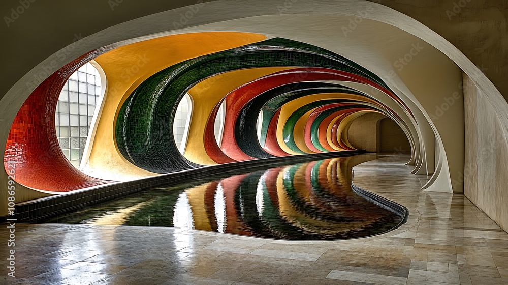 Aufkleber captivating view of a colorful geometric landscape featuring floating elements reflecting on still w