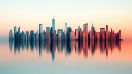 Obraz premium City skyline with colorful sunset reflection on calm water