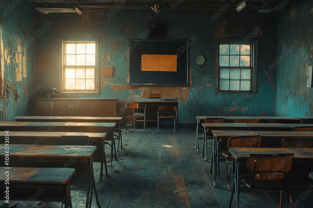 Poster an abandoned classroom with desks and chairs, a chalkboard and a teacher's desk. sunlight streams in