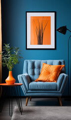Teal Velvet Armchair Orange Pillow Abstract Art Print Modern Interior Design