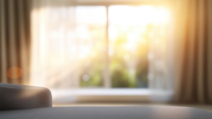 Fototapeta premium Soft morning light filters through curtains onto a cozy interior space, creating a warm and inviting atmosphere in the room