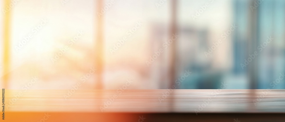 Poster beautifully illuminated workspace with warm sunlight streaming through large windows in a modern off
