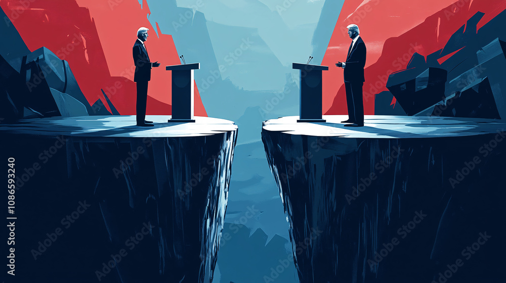 Poster a political debate stage split in half, with figures standing on either side of a deep chasm, repres
