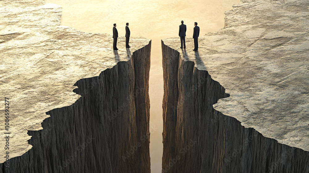 Poster a political debate stage split in half, with figures standing on either side of a deep chasm, repres