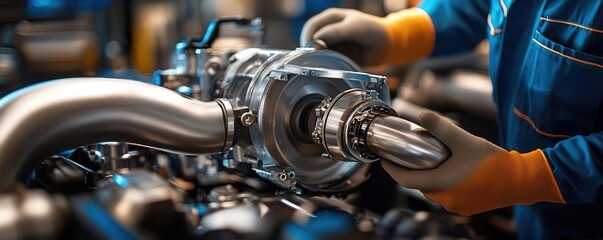 Obraz premium Turbocharger and pipes during installation, mechanic s hand with tools, focused detailing on parts, photorealistic automotive scene