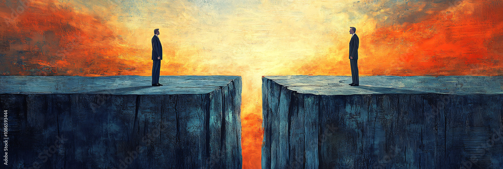 Poster a political debate stage split in half, with figures standing on either side of a deep chasm, repres