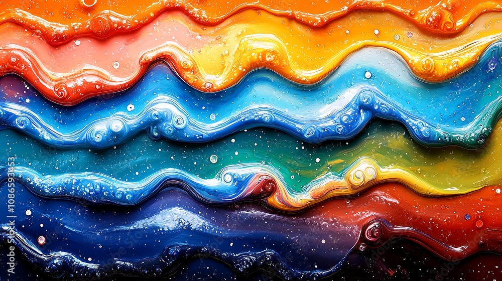 Poster vibrant mixed media artwork showcasing textured waves of colorful paint in dynamic flowing patterns 