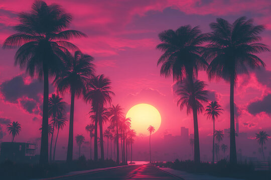 Retro style tropical sunset with palm tree silhouette and pink style. Classic 80s design illustration.