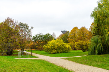 Obraz premium Autumn park path surrounded by colorful trees. A quiet dirt path winds through a park adorned with vibrant yellow and orange leaves. taken at eye level, the essence of fall in a serene natural setting