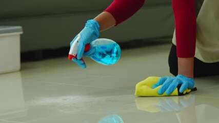 A young woman cleans her desk at home, using a disinfectant spray and a wipe. She ensures a hygienic and organized workspace, emphasizing cleanliness and personal health in her routine