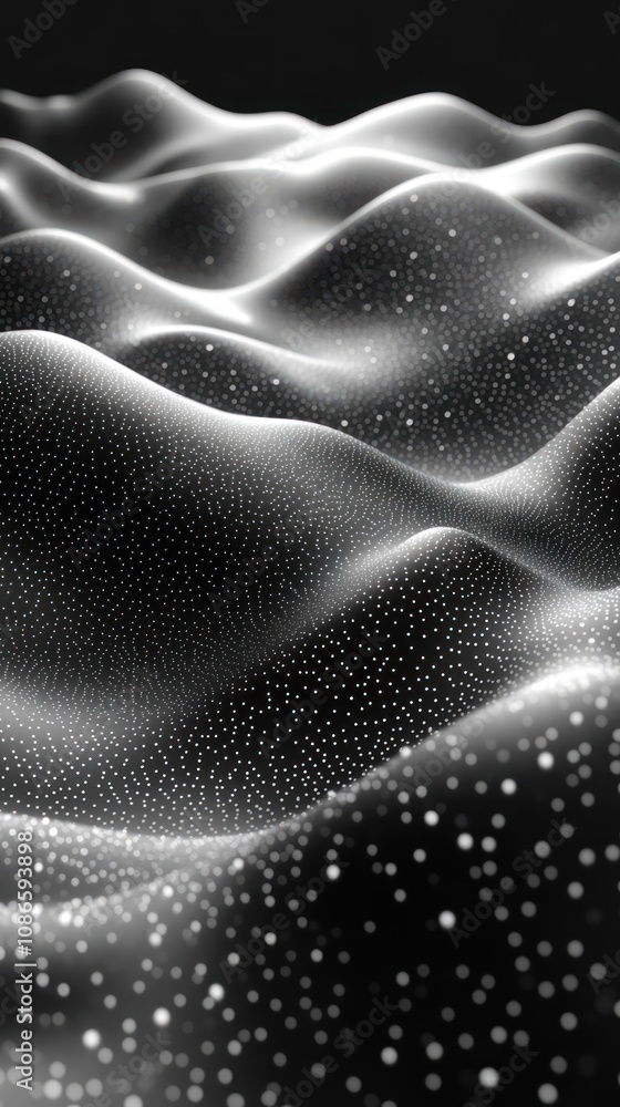 Poster abstract representation of waves with particles in a monochrome style.