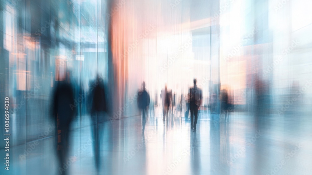 Poster people walking through a modern building with large windows during early evening hours creating a bl