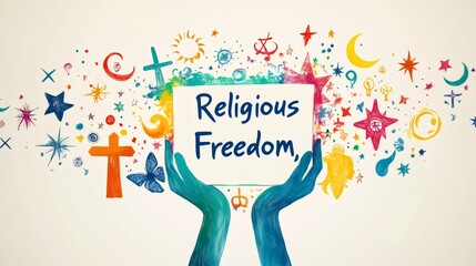 interfaith tolerance, open hands hold a scroll saying religious freedom, surrounded by diverse symbols like the cross, crescent, star of david, om, symbolizing acceptance and freedom