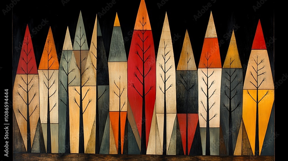 Poster abstract composition featuring layered triangles in bold contrasting colors with geometric shapes ag