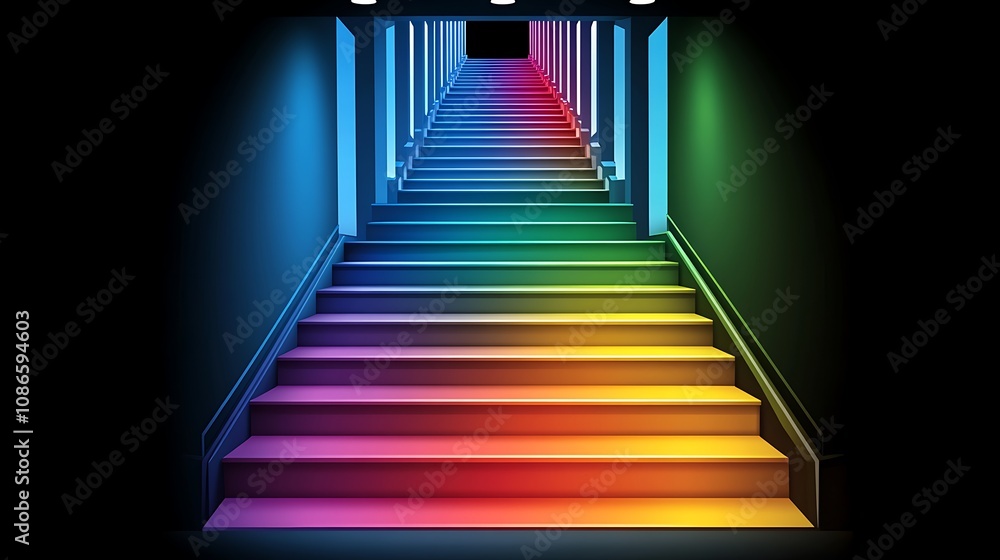 Poster a series of overlapping geometric shapes creating an intriguing illusion with colorful rainbow steps