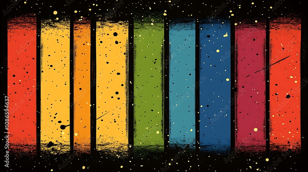 Poster abstract representation of overlapping geometric shapes with a colorful spectrum on a dark backgroun