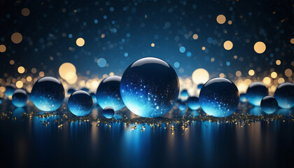 Blue Cosmic Ballet of Glassy Spheres and Golden Lights Abstract background and bokeh on New Year's...