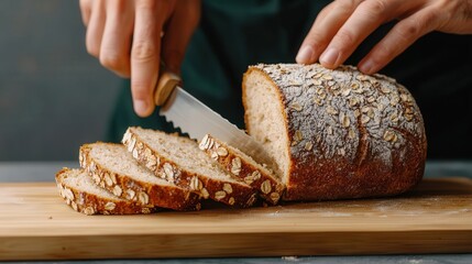 Closeup of hands slicing whole grain bread, emphasizing the role of healthy carbs in a sustainable lifestyle, whole grain bread, healthy carbohydrates