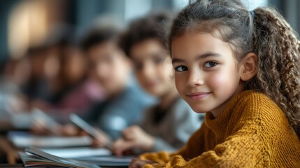 education technology, students with a variety of backgrounds actively learning in a contemporary classroom with tablets and books, guided by an interactive teacher