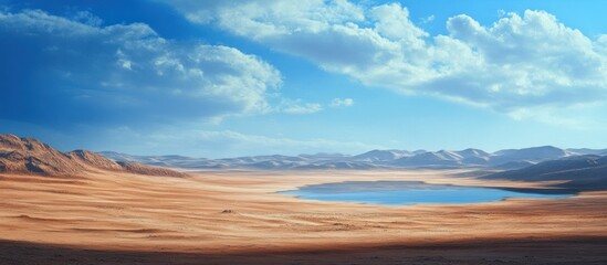 Obraz premium A small lake surrounded by barren desert land under a blue sky with fluffy clouds.