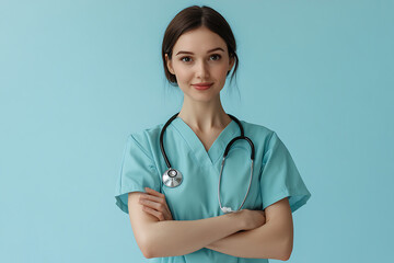 Confident young nurse smiling with crossed arms and stethoscope on blue background