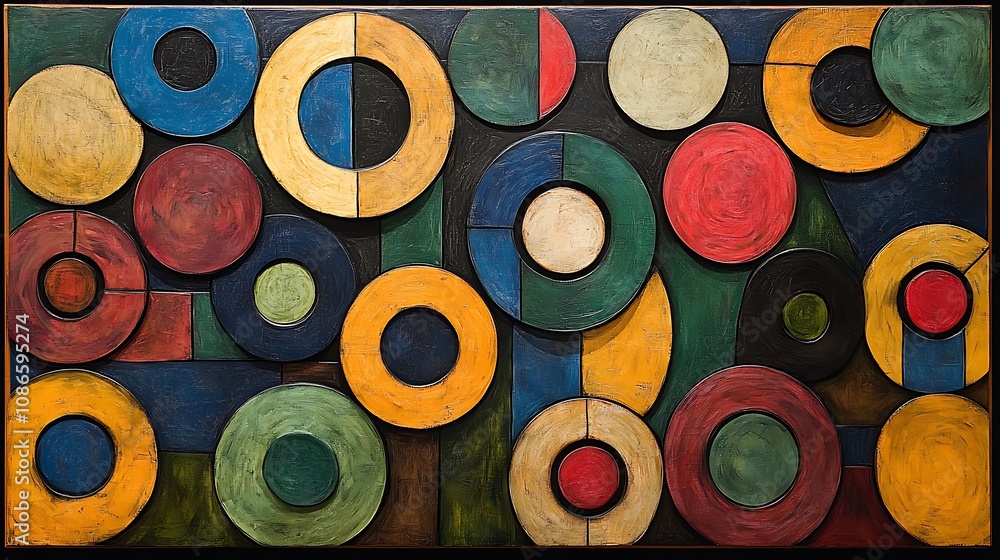 Poster abstract interconnected circles on a sprawling canvas showcasing vibrant colors and artistic shapes 