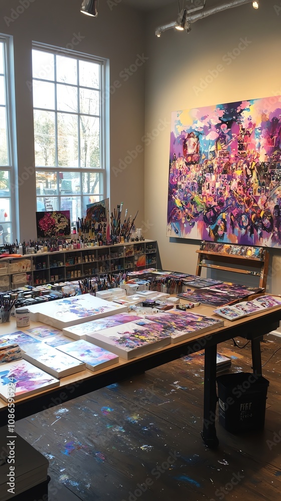 Poster an art studio with a large painting on the wall, a table full of canvases, and a window with a view 